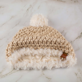 Pom Satin Lined Winter Hat - Faux Fur Trim - Beige | White
