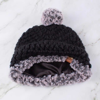 Pom Satin Lined Winter Hat - Faux Fur Trim - Black | Gray