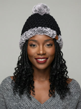 Pom Satin Lined Winter Hat - Faux Fur Trim - Black | Gray