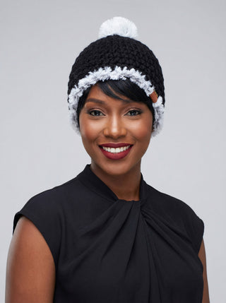 Pom Satin Lined Winter Hat - Faux Fur Trim - Black | White