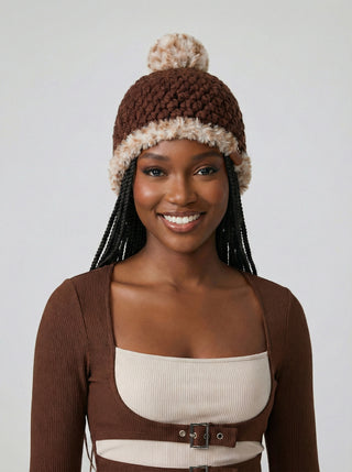 Pom Satin Lined Winter Hat - Faux Fur Trim - Brown