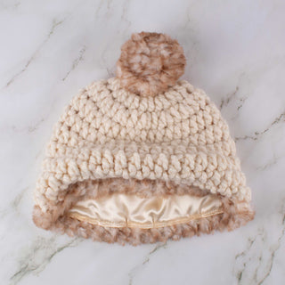 Pom Satin Lined Winter Hat - Faux Fur Trim - Cream | Brown