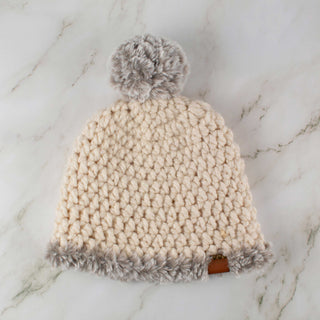 Pom Satin Lined Winter Hat - Faux Fur Trim - Cream | Gray