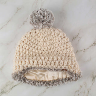 Pom Satin Lined Winter Hat - Faux Fur Trim - Cream | Gray