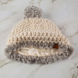 Pom Satin Lined Winter Hat - Faux Fur Trim - Cream | Gray