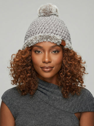 Pom Satin Lined Winter Hat - Faux Fur Trim - Gray