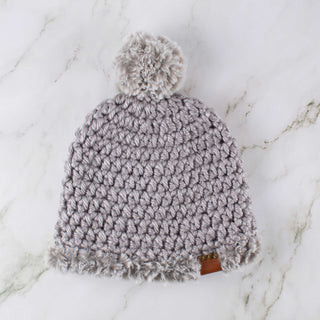 Pom Satin Lined Winter Hat - Faux Fur Trim - Gray