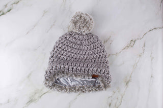 Pom Satin Lined Winter Hat - Faux Fur Trim - Gray