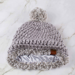 Pom Hat With Faux Fur Trim - Satin Lined - Gray - Faux Fur Pom
