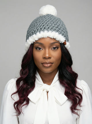 Pom Satin Lined Winter Hat - Faux Fur Trim - Slate | White