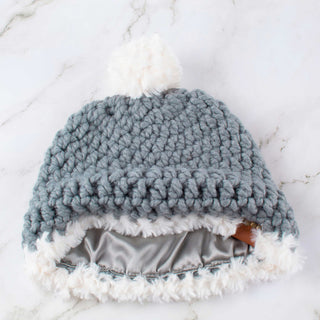 Pom Satin Lined Winter Hat - Faux Fur Trim - Slate | White