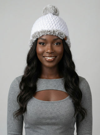 Pom Satin Lined Winter Hat - Faux Fur Trim - White | Gray