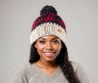 Pom Satin Lined Winter Hat -  Buffalo Plaid in Red and Black