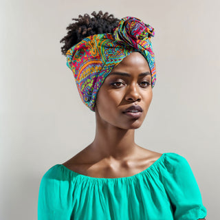 Woman with natural hair wearing a satin lined headband in turquoise, maroon, orange, and green.
