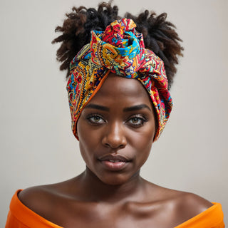 Woman with natural hair wearing a satin lined headband in orange, blue, and red.