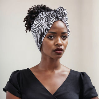 Woman with natural hair wearing a satin lined headband in white and black - White Tiger Print.