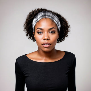 Satin Lined Headband  in Black and White Plaid