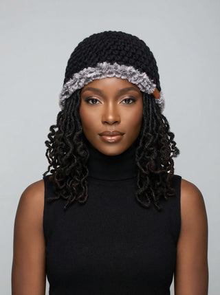Satin Lined Winter Hat - Faux Fur Trim - Black | Gray