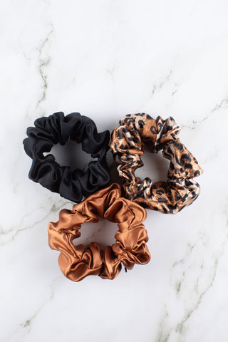 Satin Scrunchies Set | Black, Cheetah Print, and Copper