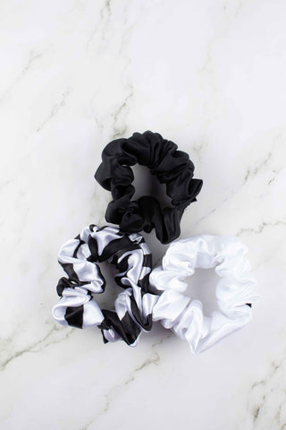 Satin Scrunchies Set | Black, Zebra Print, and White